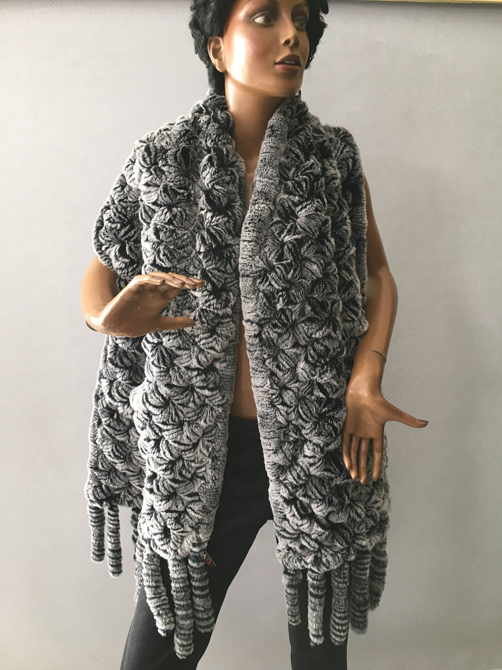 Beautiful Fur Stole,Knitted fur Shawl , Rex rabbit Fur big  Scarf, luxury gift for women