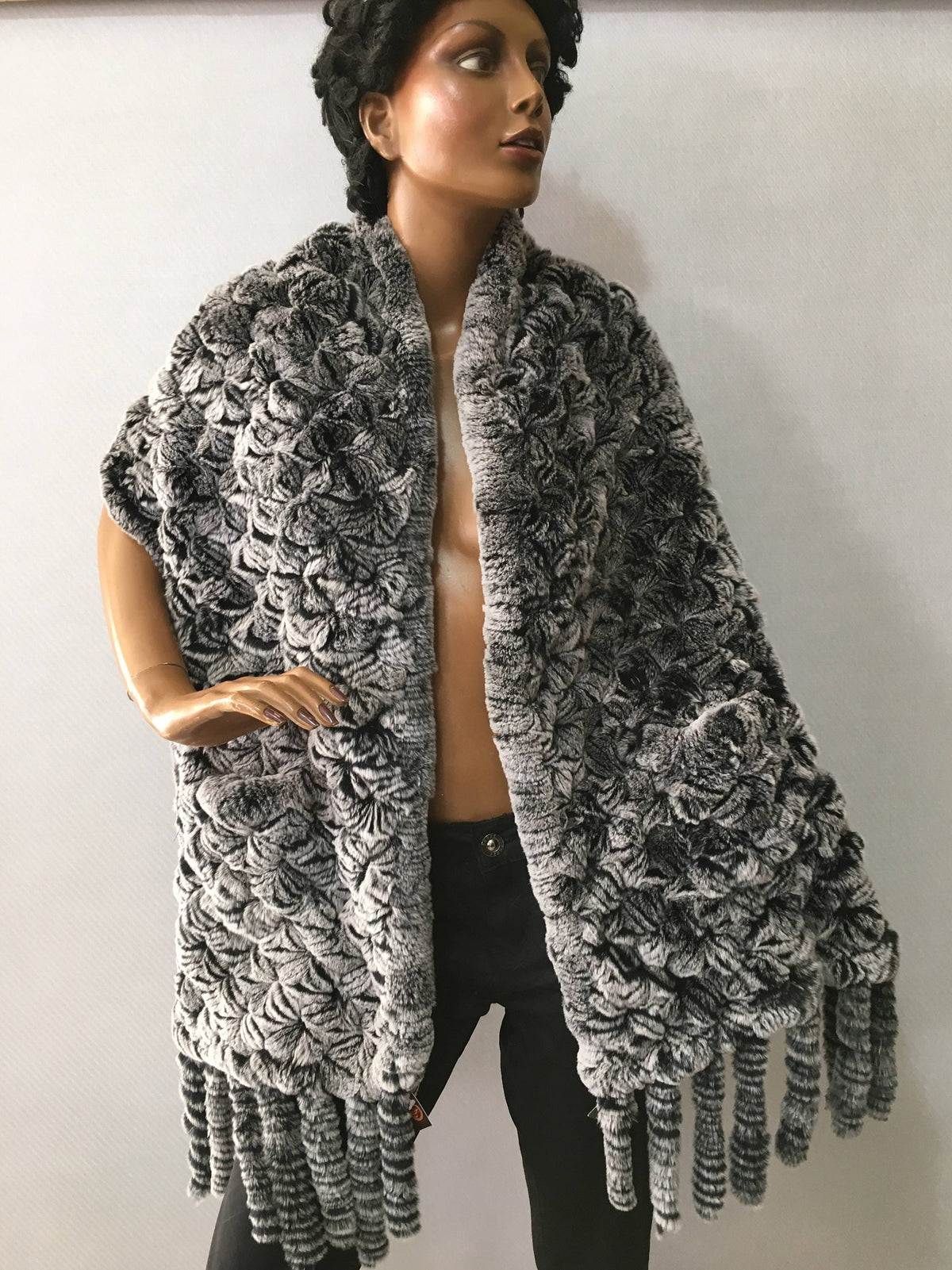 Beautiful Fur Stole,Knitted fur Shawl , Rex rabbit Fur big  Scarf, luxury gift for women