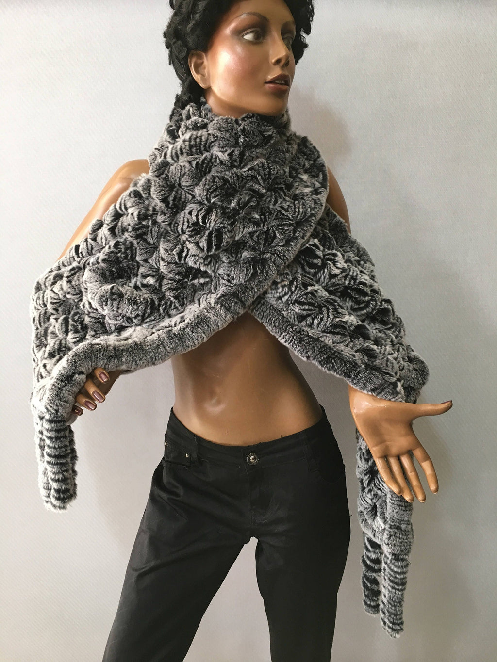 Beautiful Fur Stole,Knitted fur Shawl , Rex rabbit Fur big  Scarf, luxury gift for women