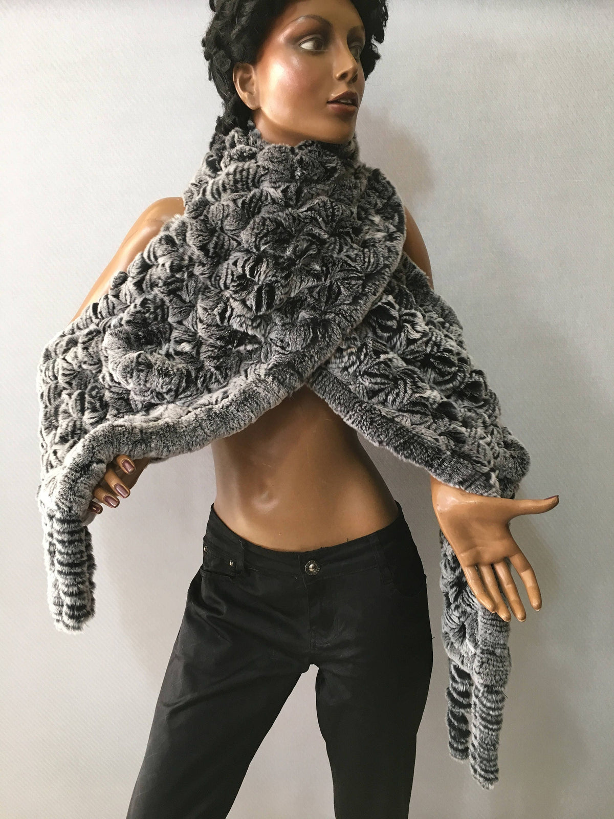 Beautiful Fur Stole,Knitted fur Shawl , Rex rabbit Fur big  Scarf, luxury gift for women