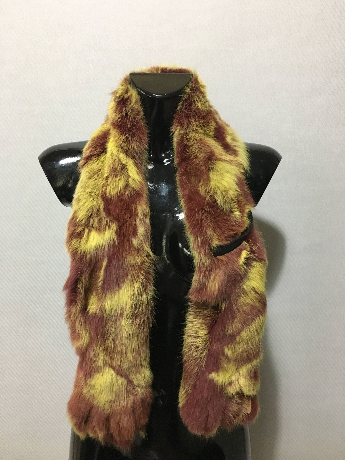 Yellow-bordeaux Rabbit Real Fur Scarf