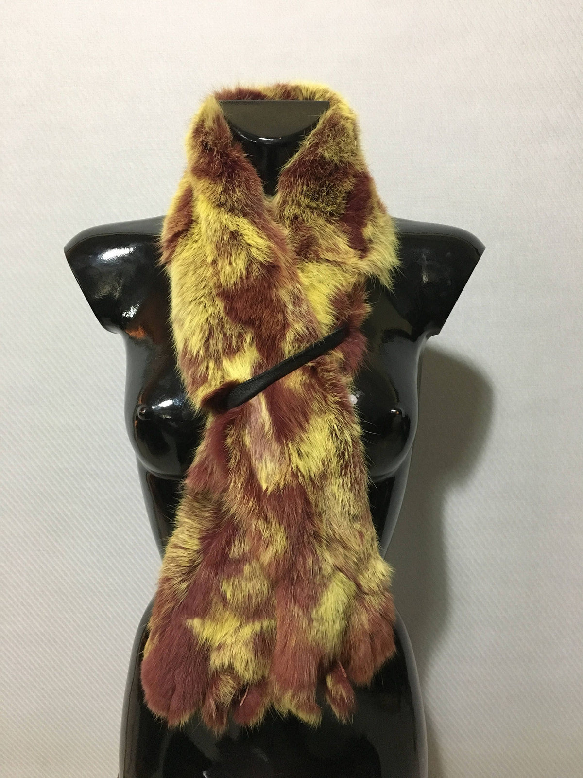 Yellow-bordeaux Rabbit Real Fur Scarf
