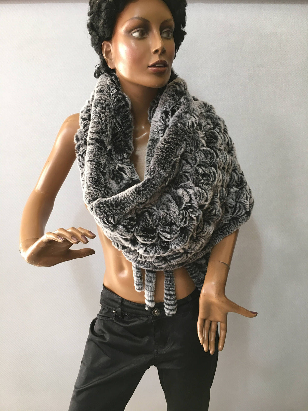 Beautiful Fur Stole,Knitted fur Shawl , Rex rabbit Fur big  Scarf, luxury gift for women