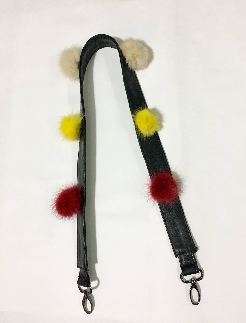 Bag strap!! Black Leather   With Mink Fur  Pom Pom  Strap For Bags.Removable Leather strap with colorful mink pom pom