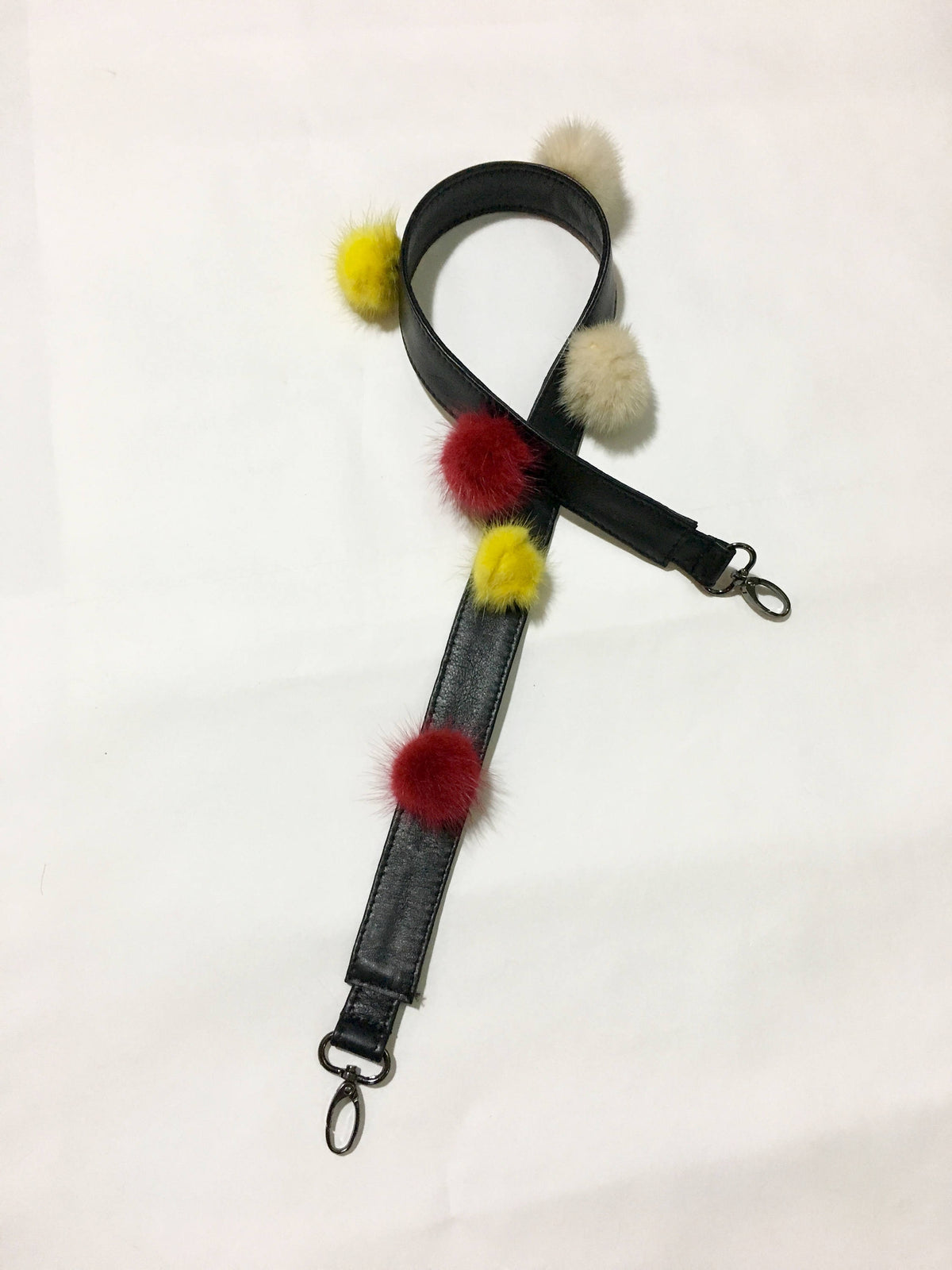 Bag strap!! Black Leather   With Mink Fur  Pom Pom  Strap For Bags.Removable Leather strap with colorful mink pom pom