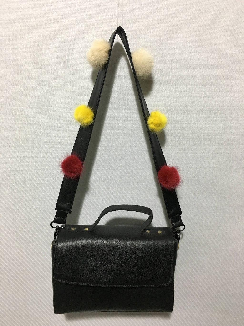 Bag strap!! Black Leather   With Mink Fur  Pom Pom  Strap For Bags.Removable Leather strap with colorful mink pom pom