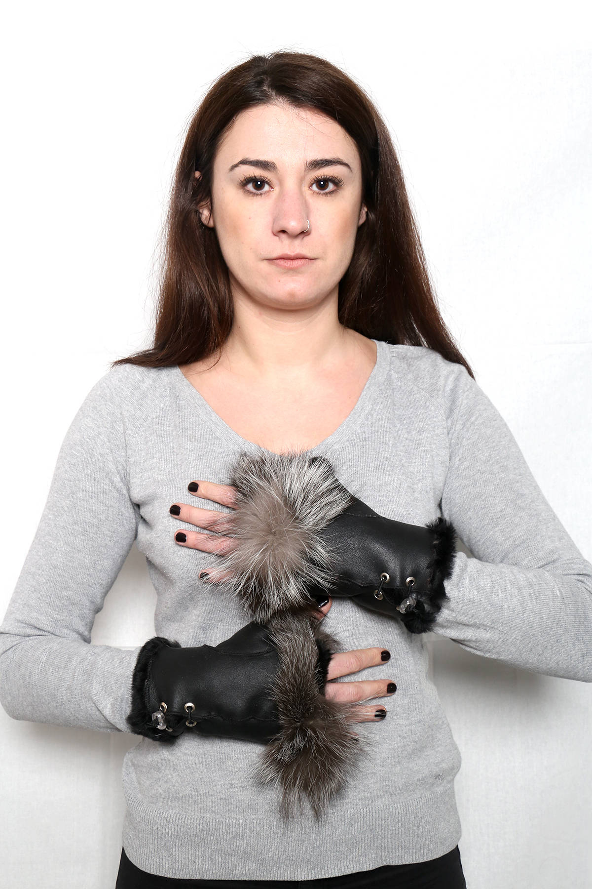 Fingerless  Sheepskin gloves,Shearlings gloves with fox fur, Sheepskin fur Gloves, leather gloves