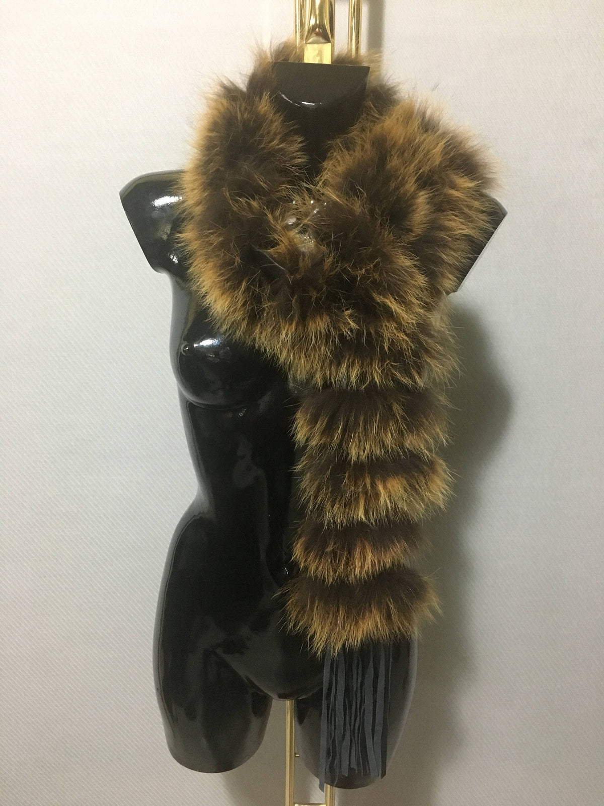 Real Natural Leather and Mustard Fox Fur Scarf - Collar