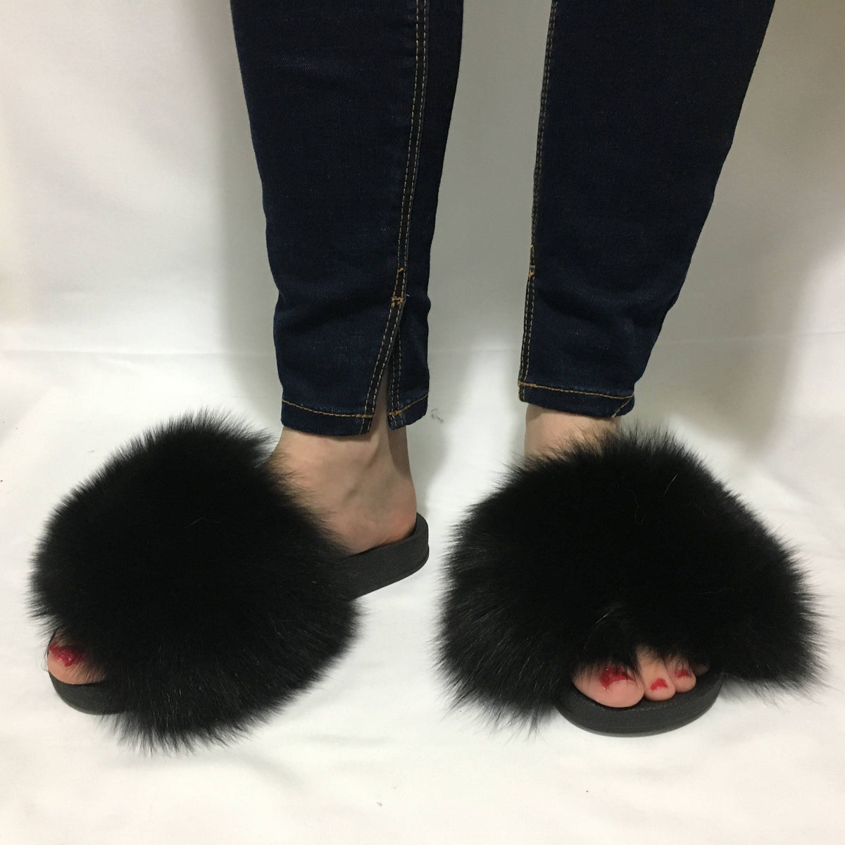 Fur Slides | Black Fox Fur Slides | Fur  Slippers |  Fox Fur slippers | Women Fur slides | Fur Flip Flops | Gift For Her