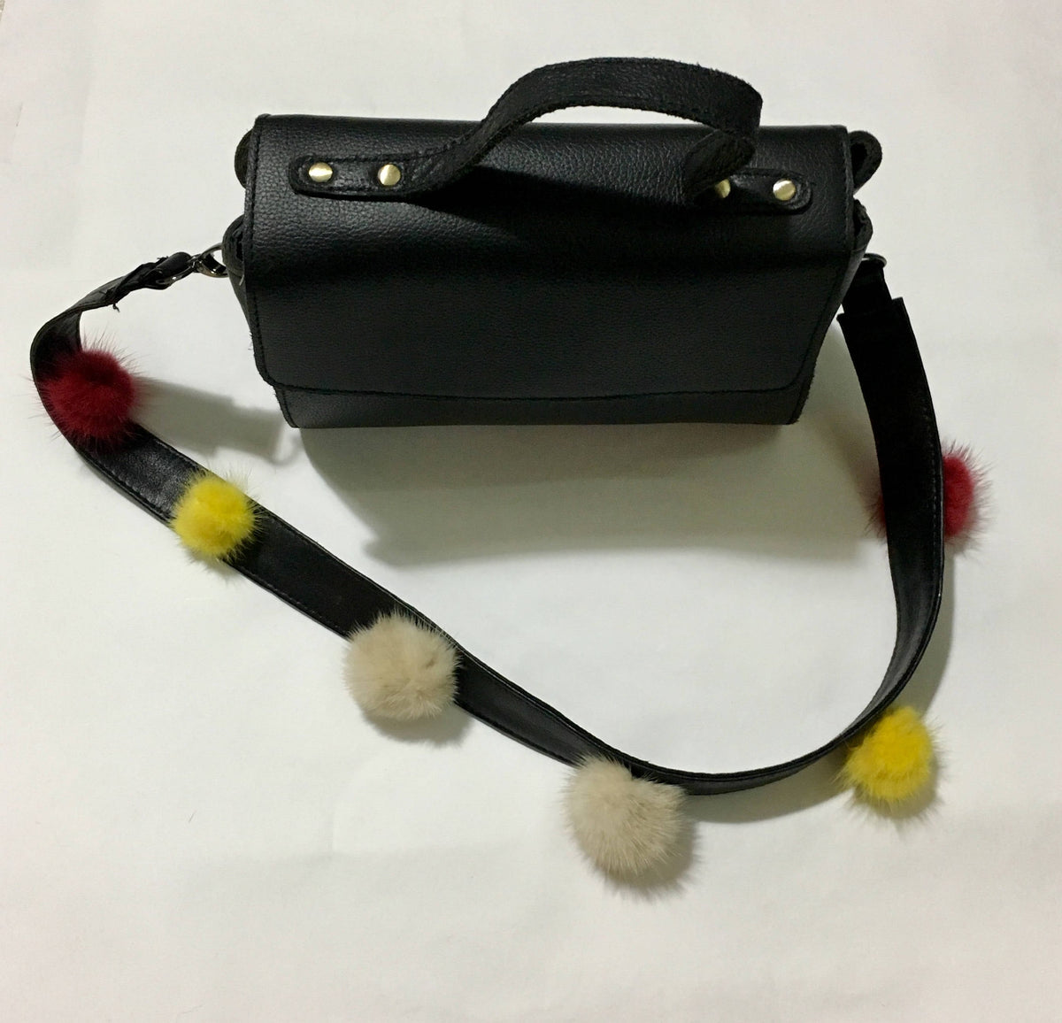 Bag strap!! Black Leather   With Mink Fur  Pom Pom  Strap For Bags.Removable Leather strap with colorful mink pom pom