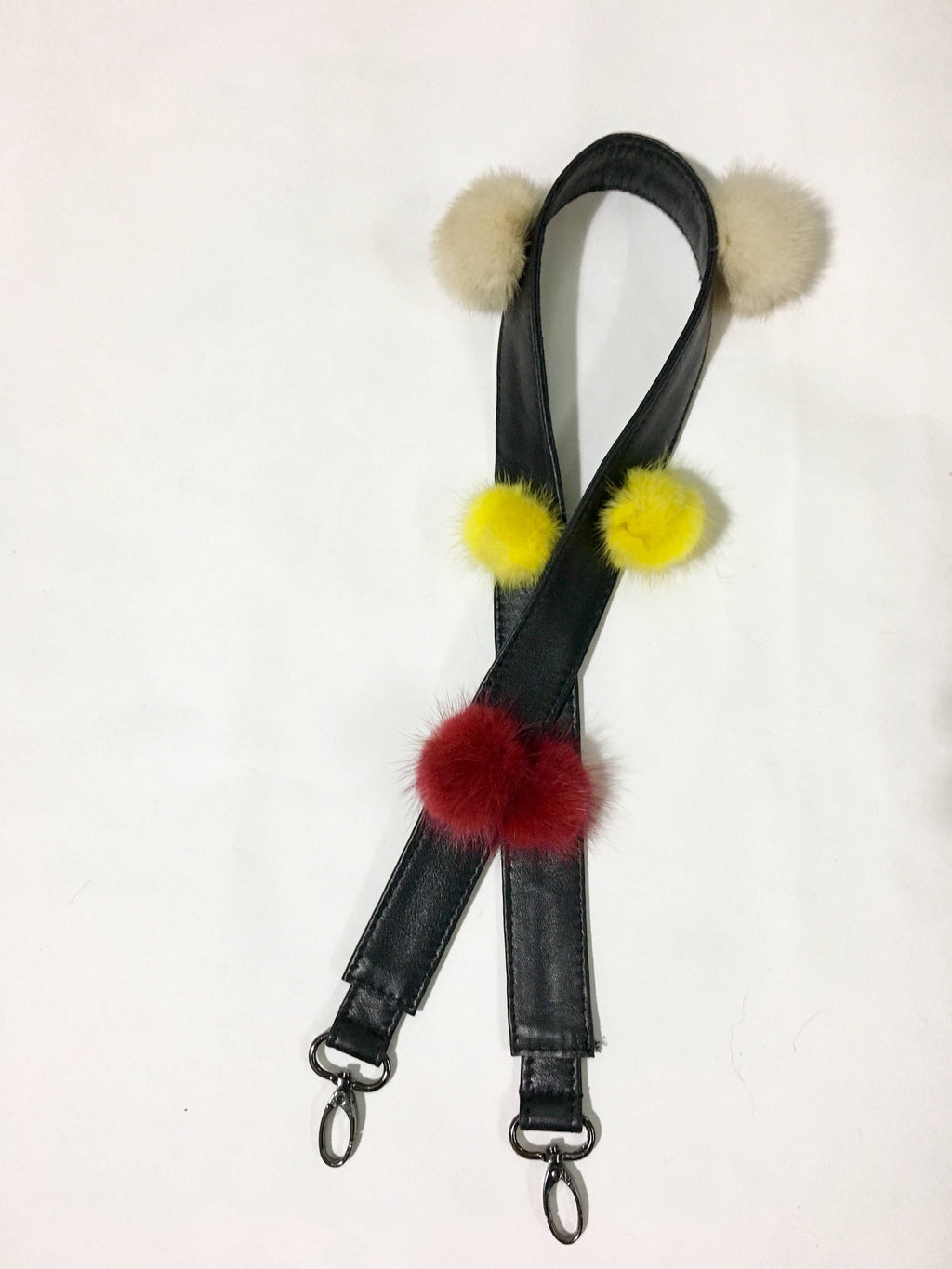 Bag strap!! Black Leather   With Mink Fur  Pom Pom  Strap For Bags.Removable Leather strap with colorful mink pom pom