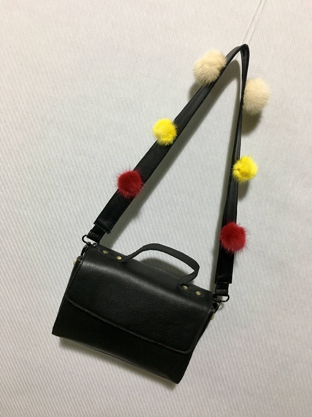 Bag strap!! Black Leather   With Mink Fur  Pom Pom  Strap For Bags.Removable Leather strap with colorful mink pom pom