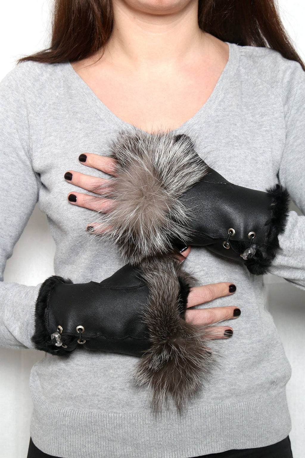 Fingerless  Sheepskin gloves,Shearlings gloves with fox fur, Sheepskin fur Gloves, leather gloves