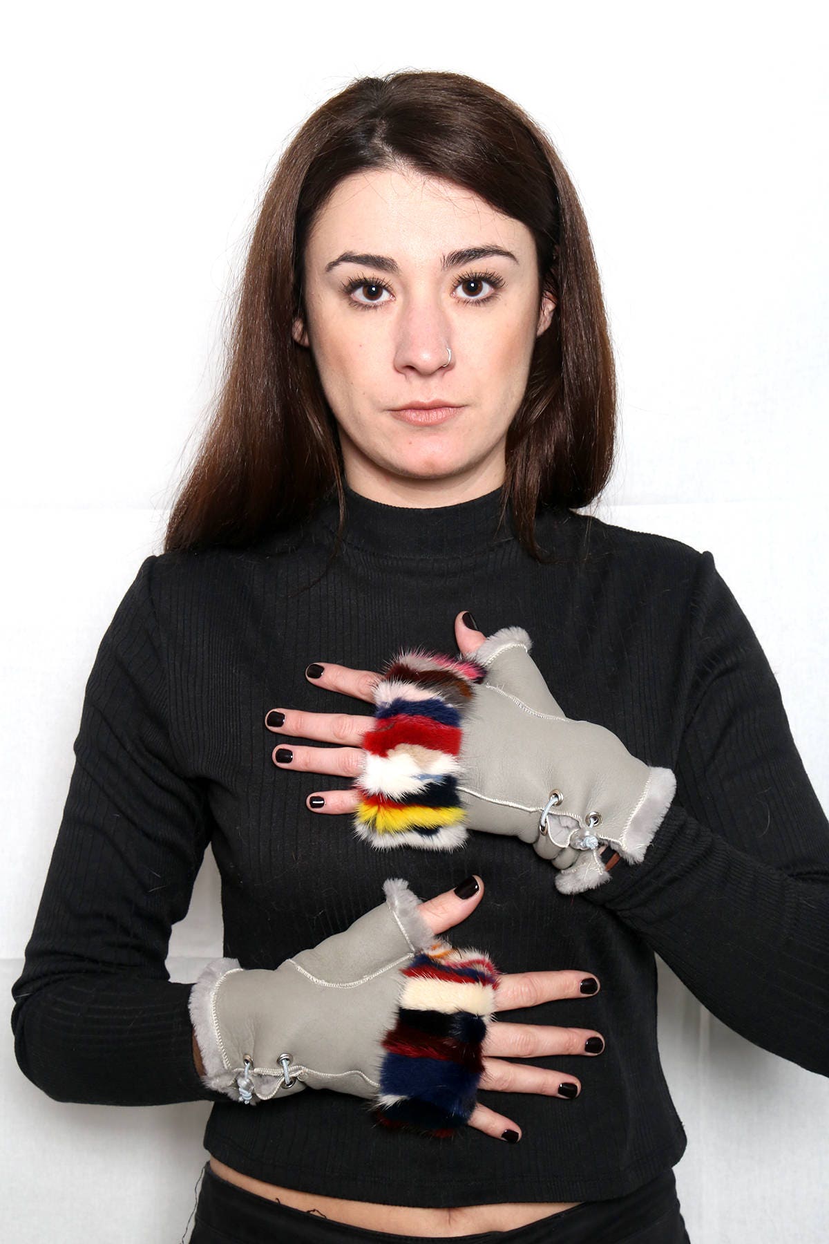 Sheepskin Gloves Fingerless With colorful mink In One Size
