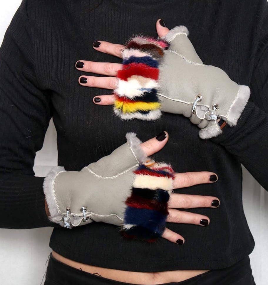 Sheepskin Gloves Fingerless With colorful mink In One Size