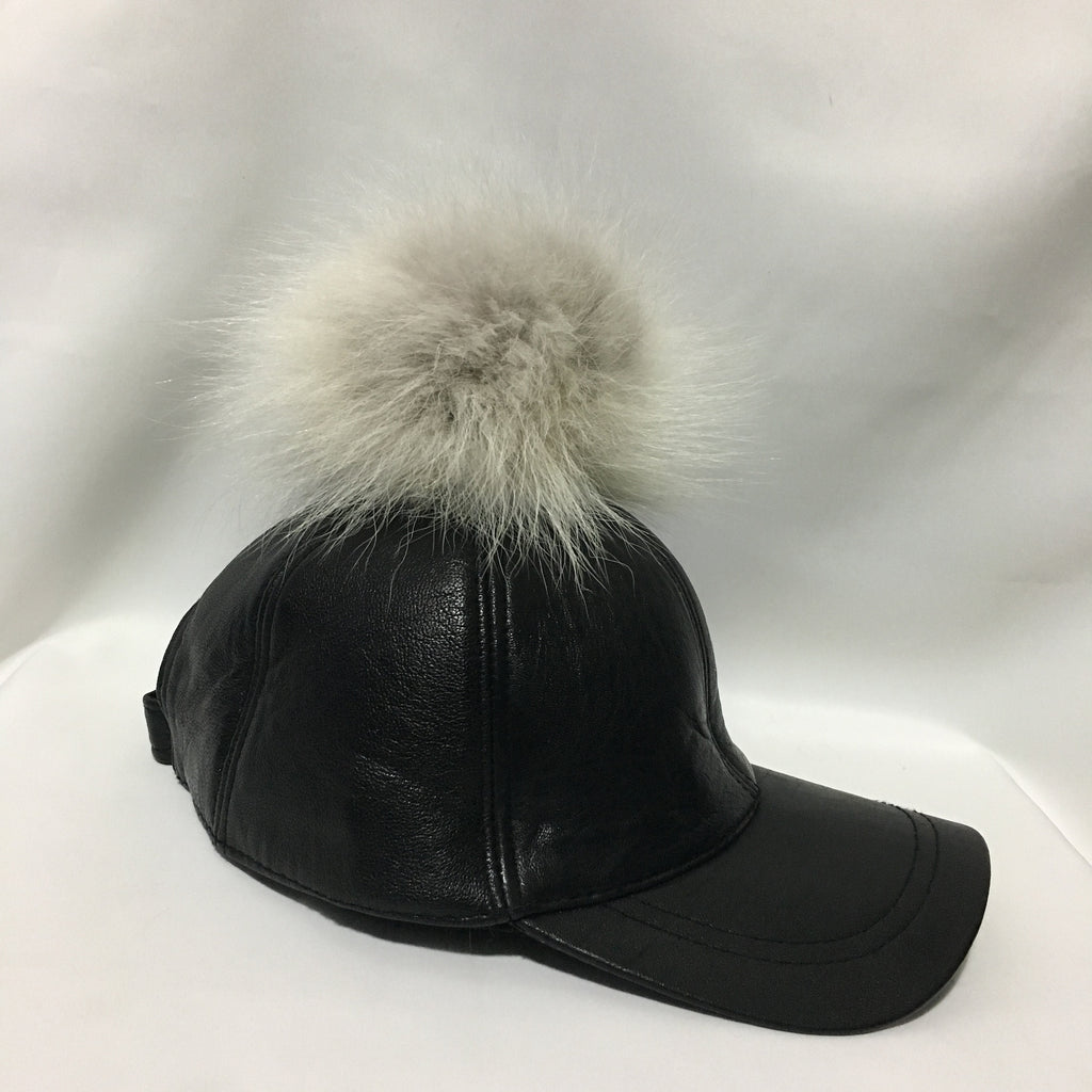 Leather Hat, leather cap,fur hat, leather hat with pompom ,pom pom baseball hat, baseball hat with pom pom. real leather  cap with fur