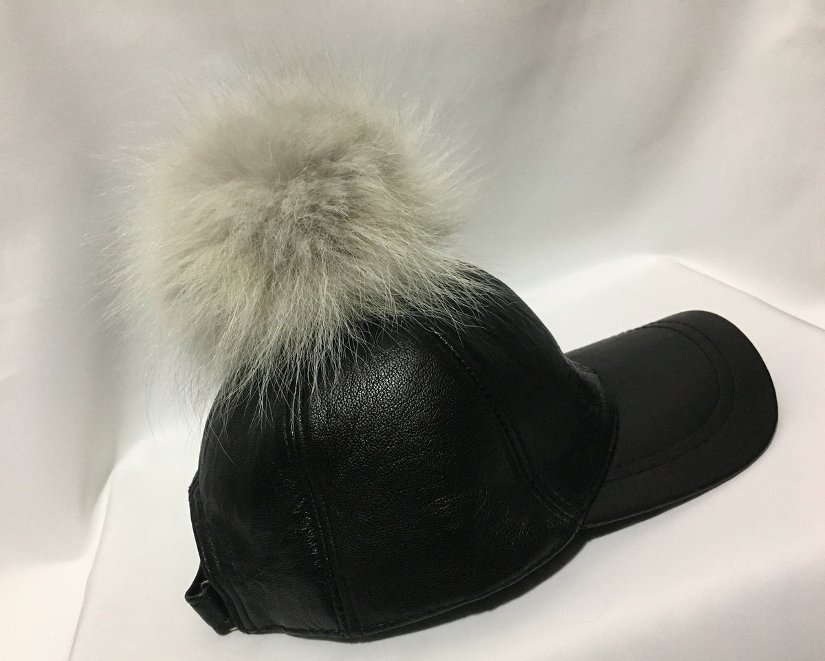 Leather Hat, leather cap,fur hat, leather hat with pompom ,pom pom baseball hat, baseball hat with pom pom. real leather  cap with fur