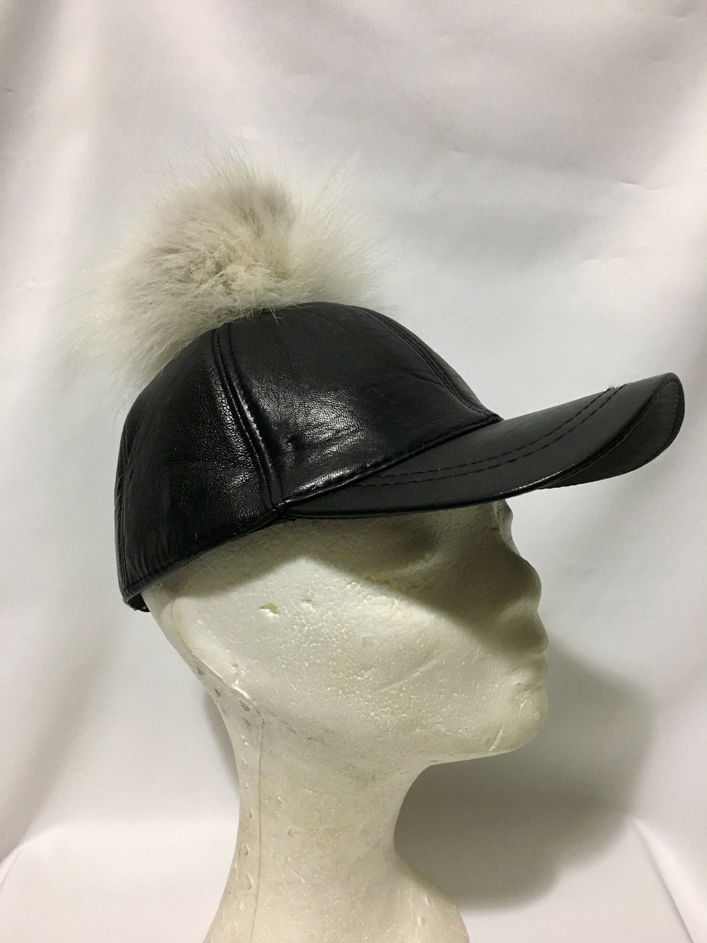 Leather Hat, leather cap,fur hat, leather hat with pompom ,pom pom baseball hat, baseball hat with pom pom. real leather  cap with fur