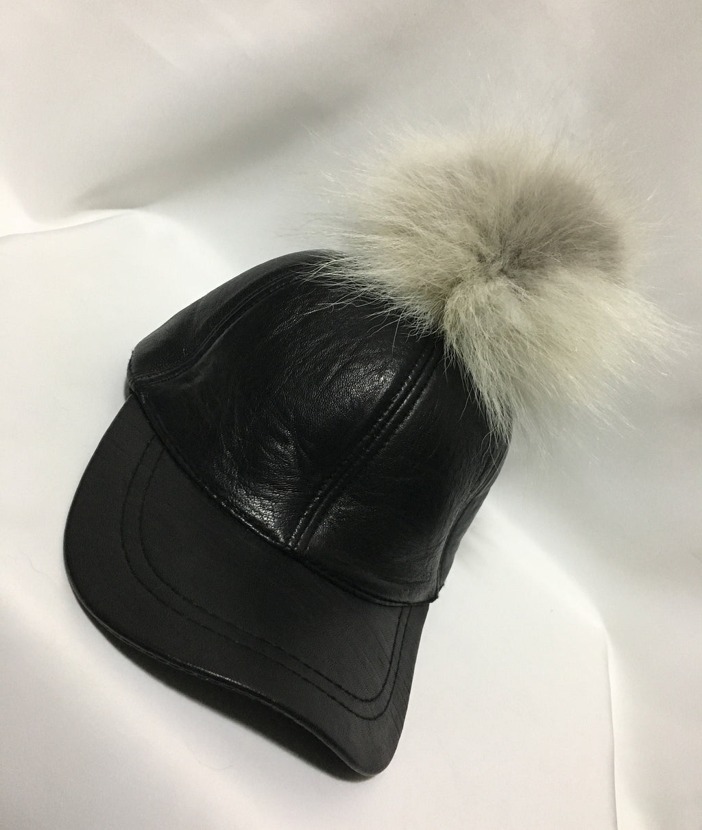 Leather Hat, leather cap,fur hat, leather hat with pompom ,pom pom baseball hat, baseball hat with pom pom. real leather  cap with fur