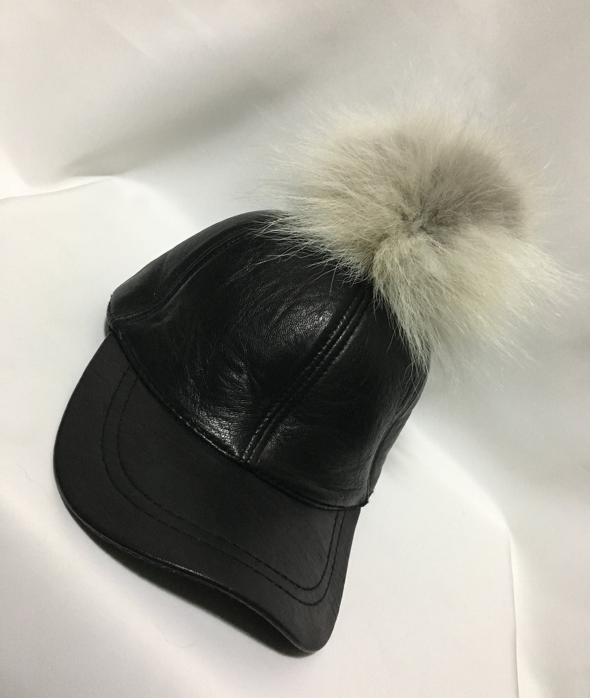 Leather Hat, leather cap,fur hat, leather hat with pompom ,pom pom baseball hat, baseball hat with pom pom. real leather  cap with fur