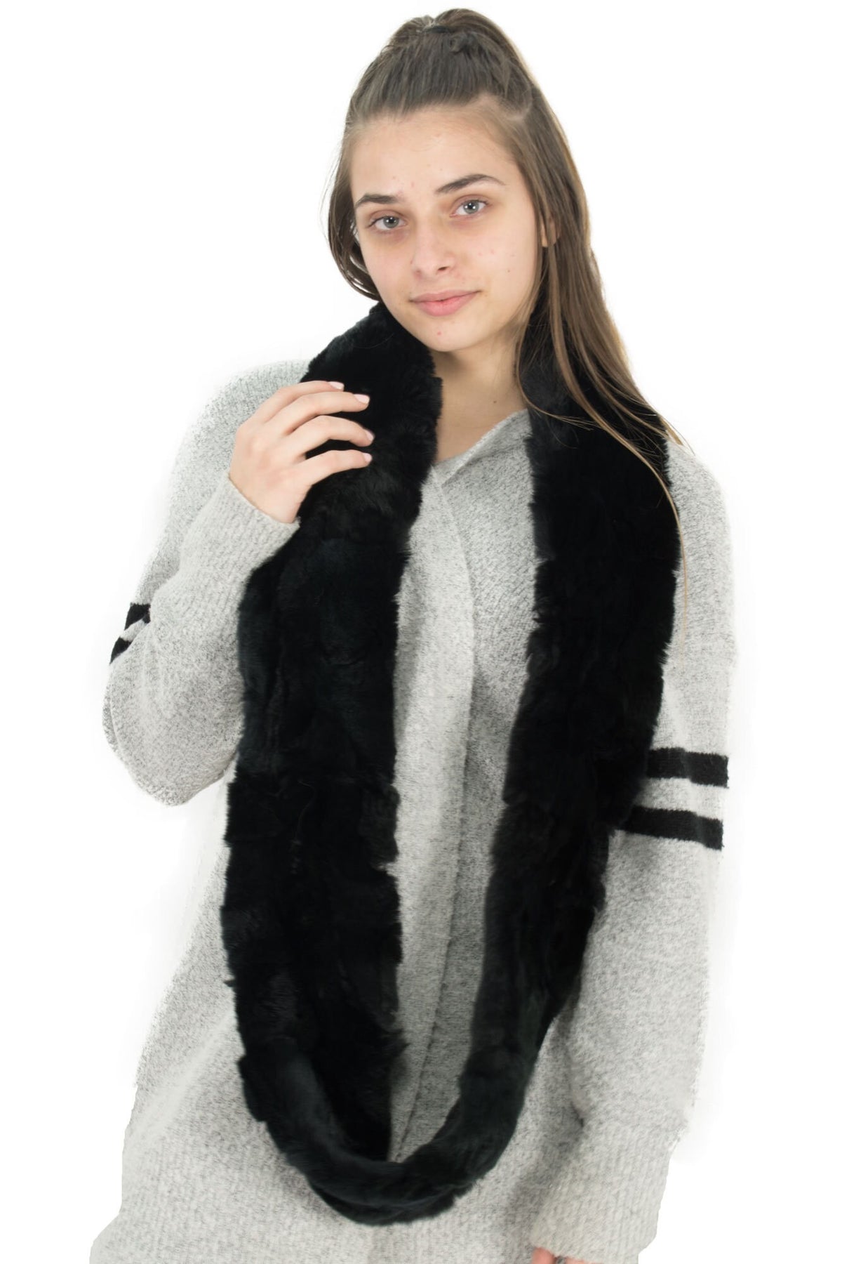 Handmade Black Rex Rabbit Fur Scarf (170x13 cm)