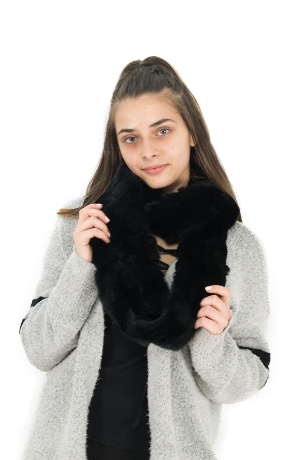 Handmade Black Rex Rabbit Fur Scarf (170x13 cm)