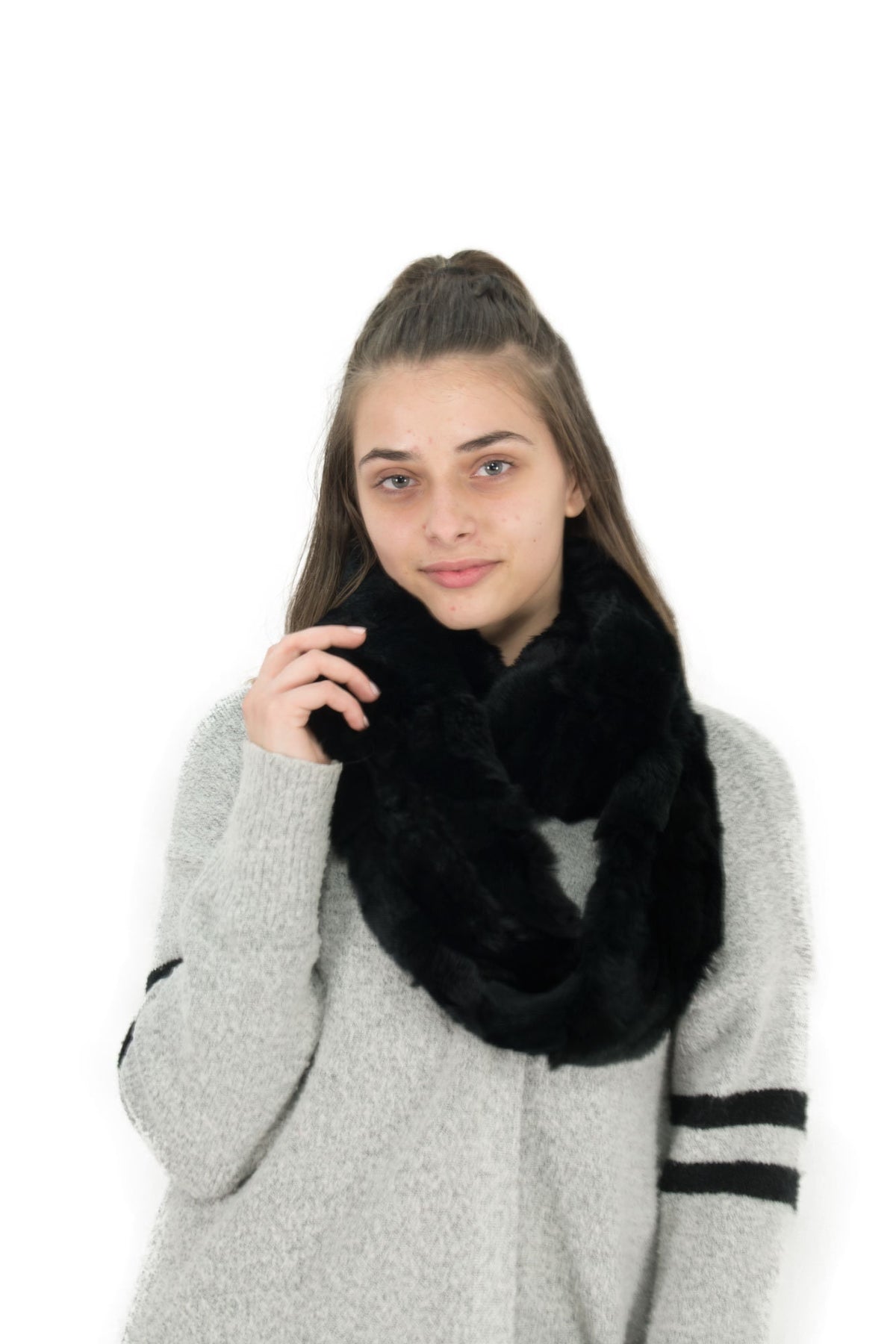 Handmade Black Rex Rabbit Fur Scarf (170x13 cm)