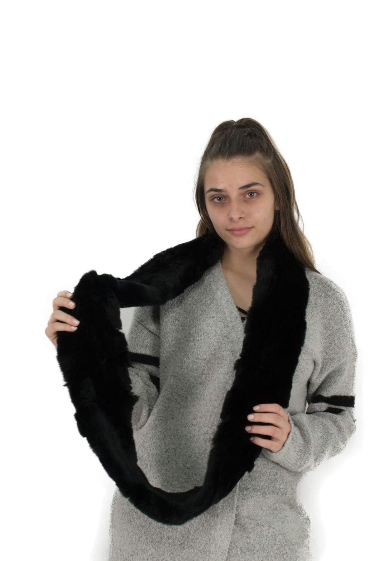Handmade Black Rex Rabbit Fur Scarf (170x13 cm)