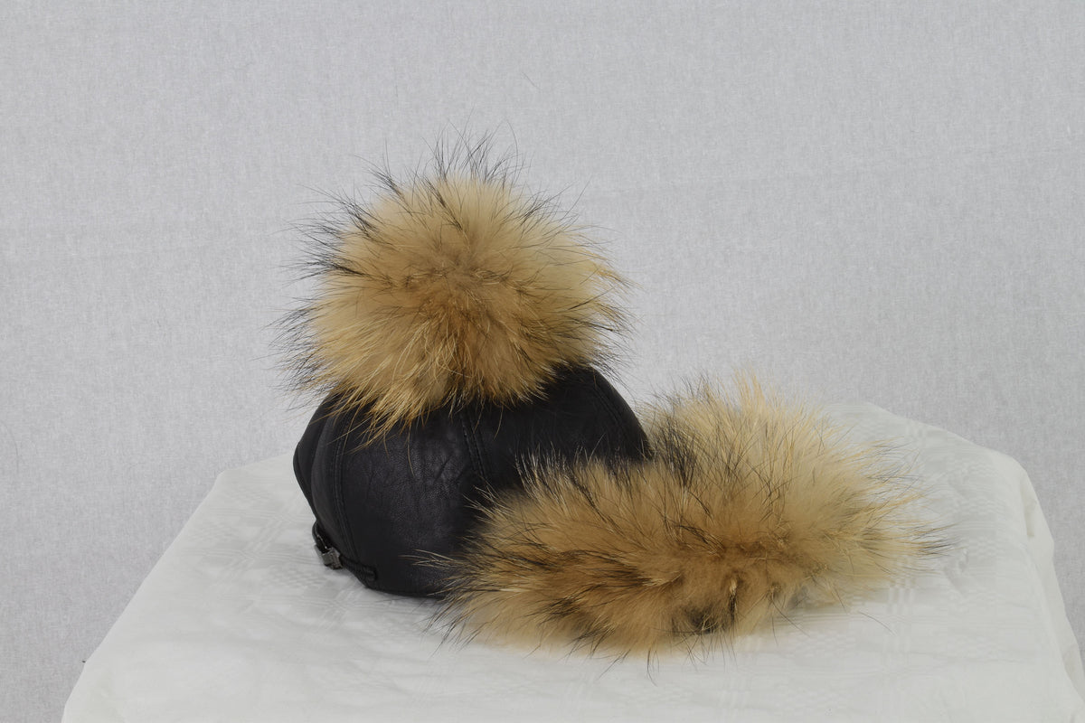 Leather Hat, leather cap,fur hat, leather hat with pompom ,pom pom baseball hat, baseball hat with pom pom. real leather  cap with fur