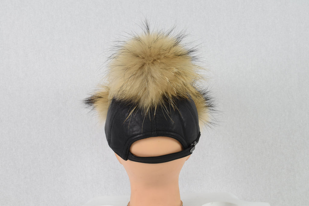 Leather Hat, leather cap,fur hat, leather hat with pompom ,pom pom baseball hat, baseball hat with pom pom. real leather  cap with fur