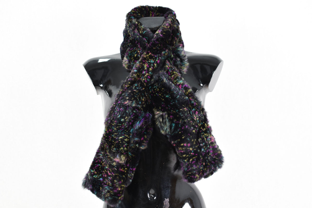 Amazing Rex  rabbit Real Fur Scarf, women Fur Scrarf,  black with Colorful splashes color rex rabbit fur scarf