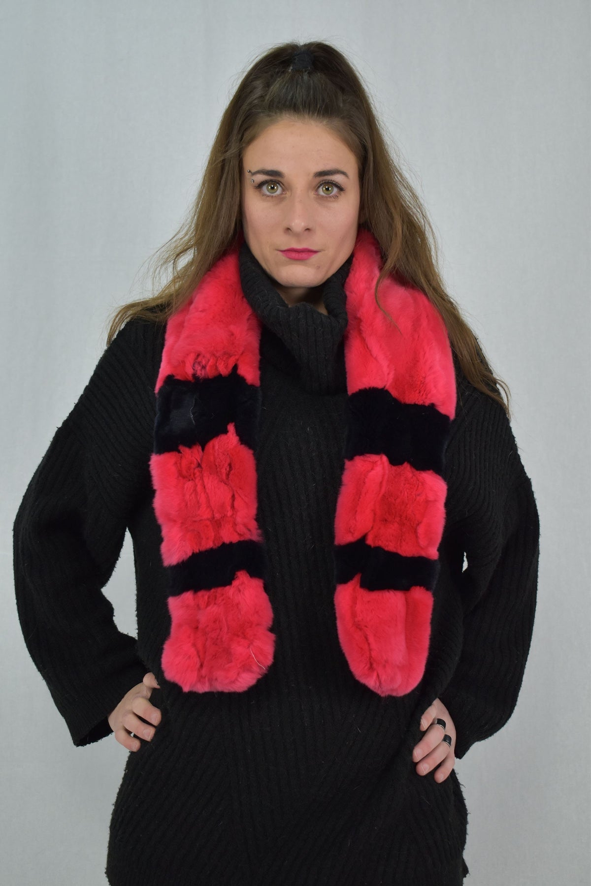 Red & Black Rex Rabbit Real Fur Scarf, Scarf , collar