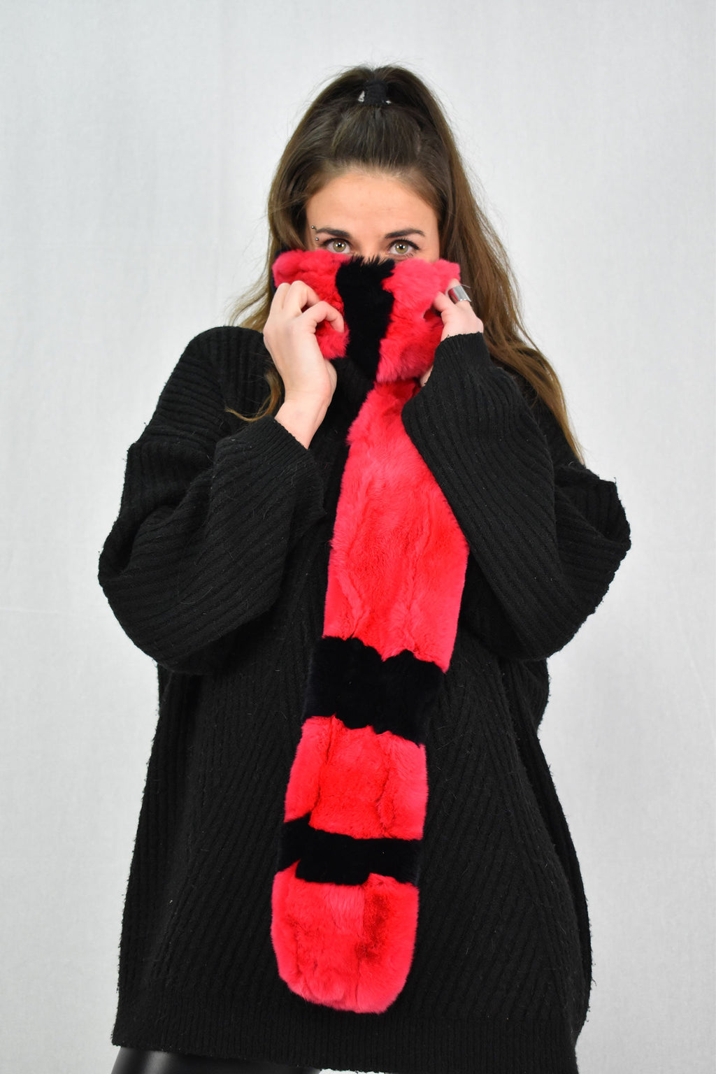 Red & Black Rex Rabbit Real Fur Scarf, Scarf , collar