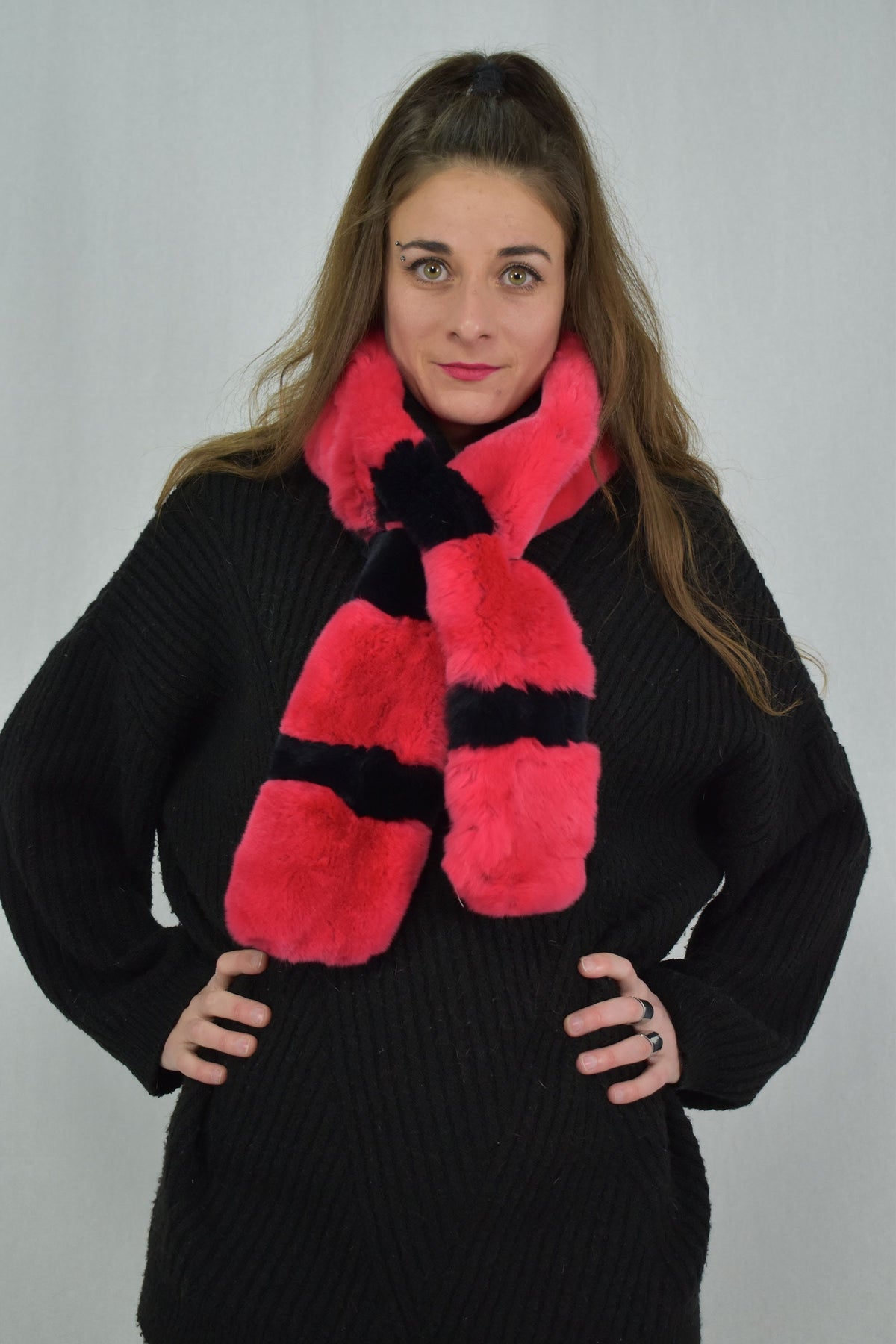 Red & Black Rex Rabbit Real Fur Scarf, Scarf , collar
