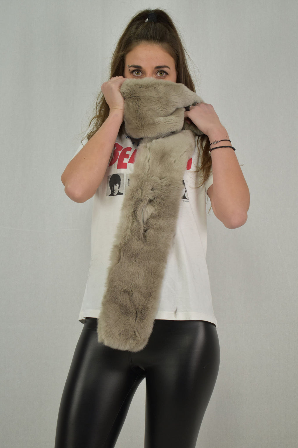 fabulous   Rex Rabbit Real Fur Scarf (120x13 cm), Grant beige collor rex Rabbit scarf