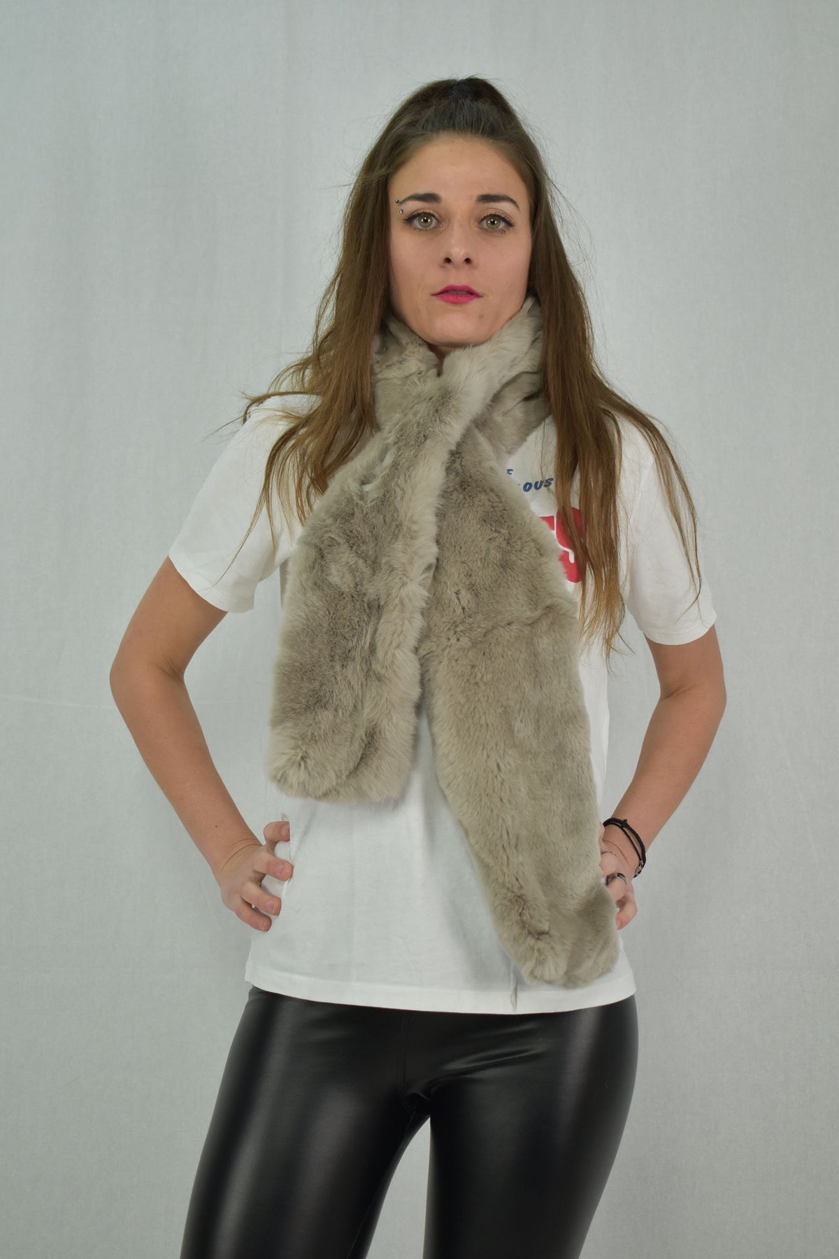 fabulous   Rex Rabbit Real Fur Scarf (120x13 cm), Grant beige collor rex Rabbit scarf