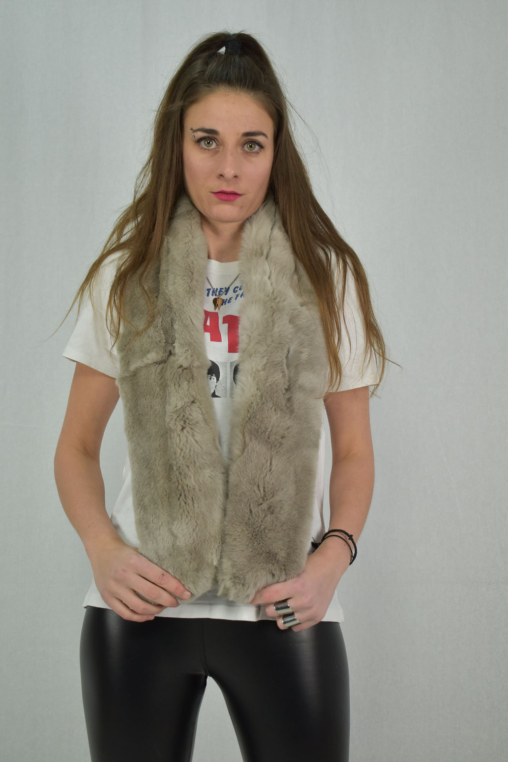 fabulous   Rex Rabbit Real Fur Scarf (120x13 cm), Grant beige collor rex Rabbit scarf