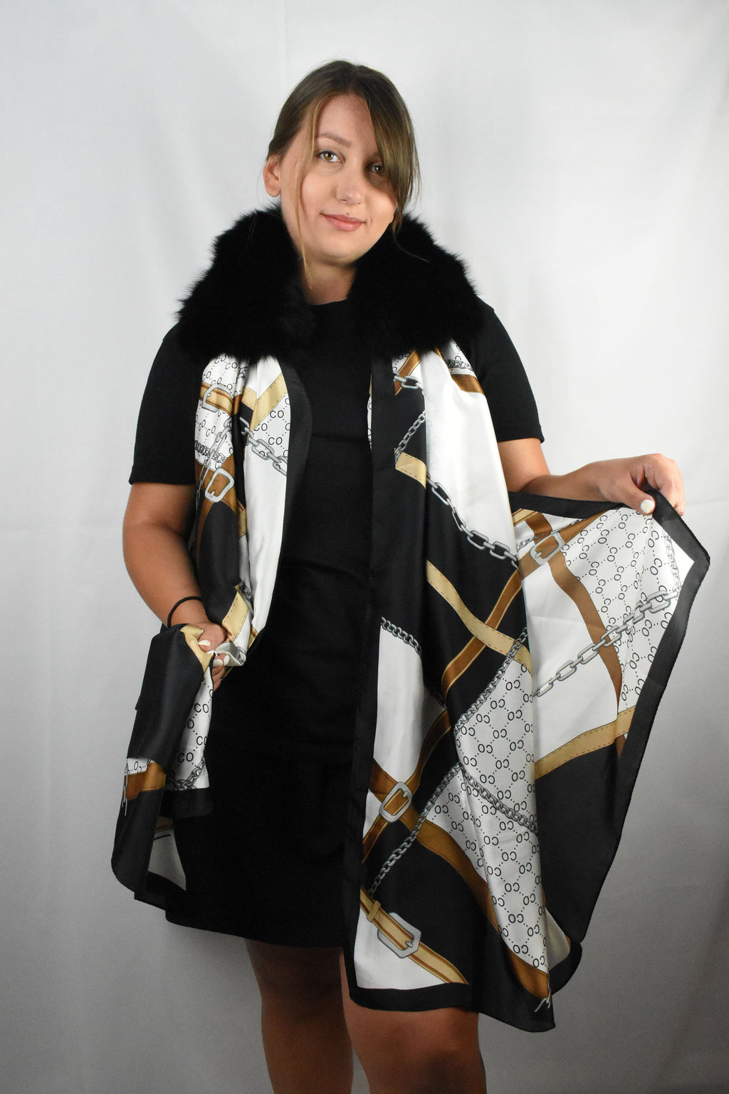 Fur Collar with Detachable Silk Shawl, Gift For mom ,Fox Fur Collar ,Women  Silk Shawl  and Wraps , Fox Fur Coat Collar With Silk Wraps