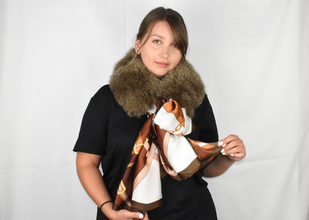 Detachable Neck Warmer with Golden  brown Silk Scarf/ Fox Fur Collar with Silk Shawl /Fur and silk wraps