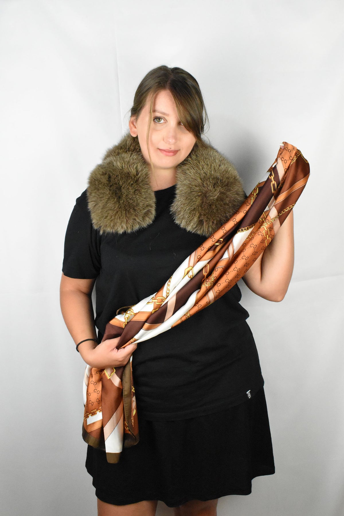 Detachable Neck Warmer with Golden  brown Silk Scarf/ Fox Fur Collar with Silk Shawl /Fur and silk wraps