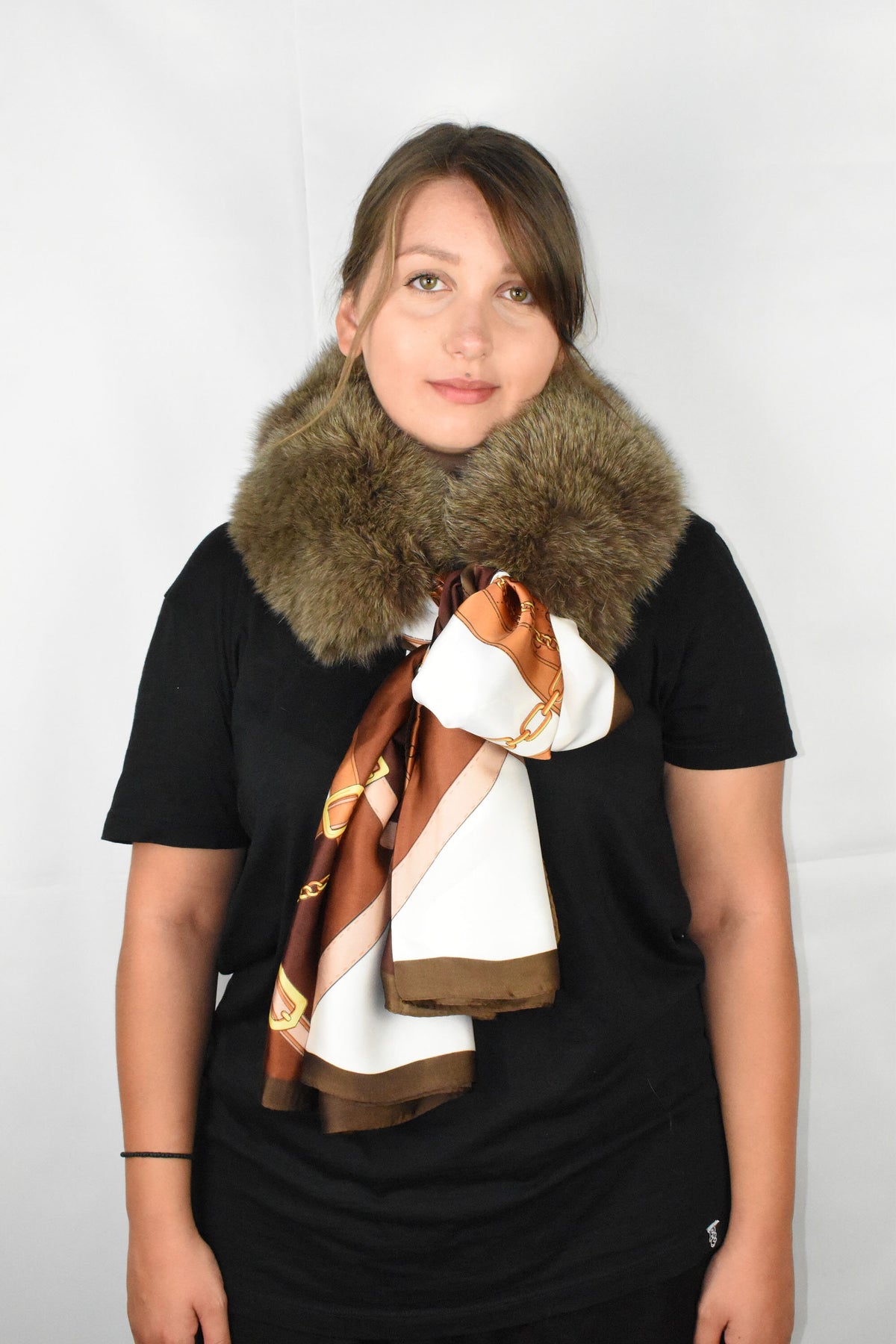 Detachable Neck Warmer with Golden  brown Silk Scarf/ Fox Fur Collar with Silk Shawl /Fur and silk wraps