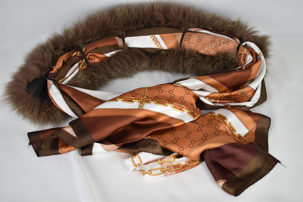Detachable Neck Warmer with Golden  brown Silk Scarf/ Fox Fur Collar with Silk Shawl /Fur and silk wraps