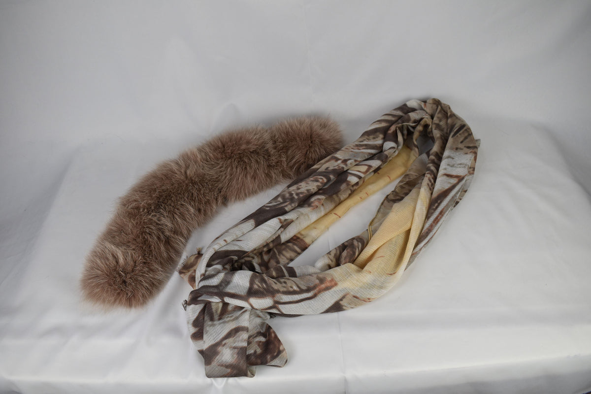 Fur Collar With Silk Tie- Scarf | Biege Fox Fur Collar Silk shawl -Scarf | Luxury Gift For Her