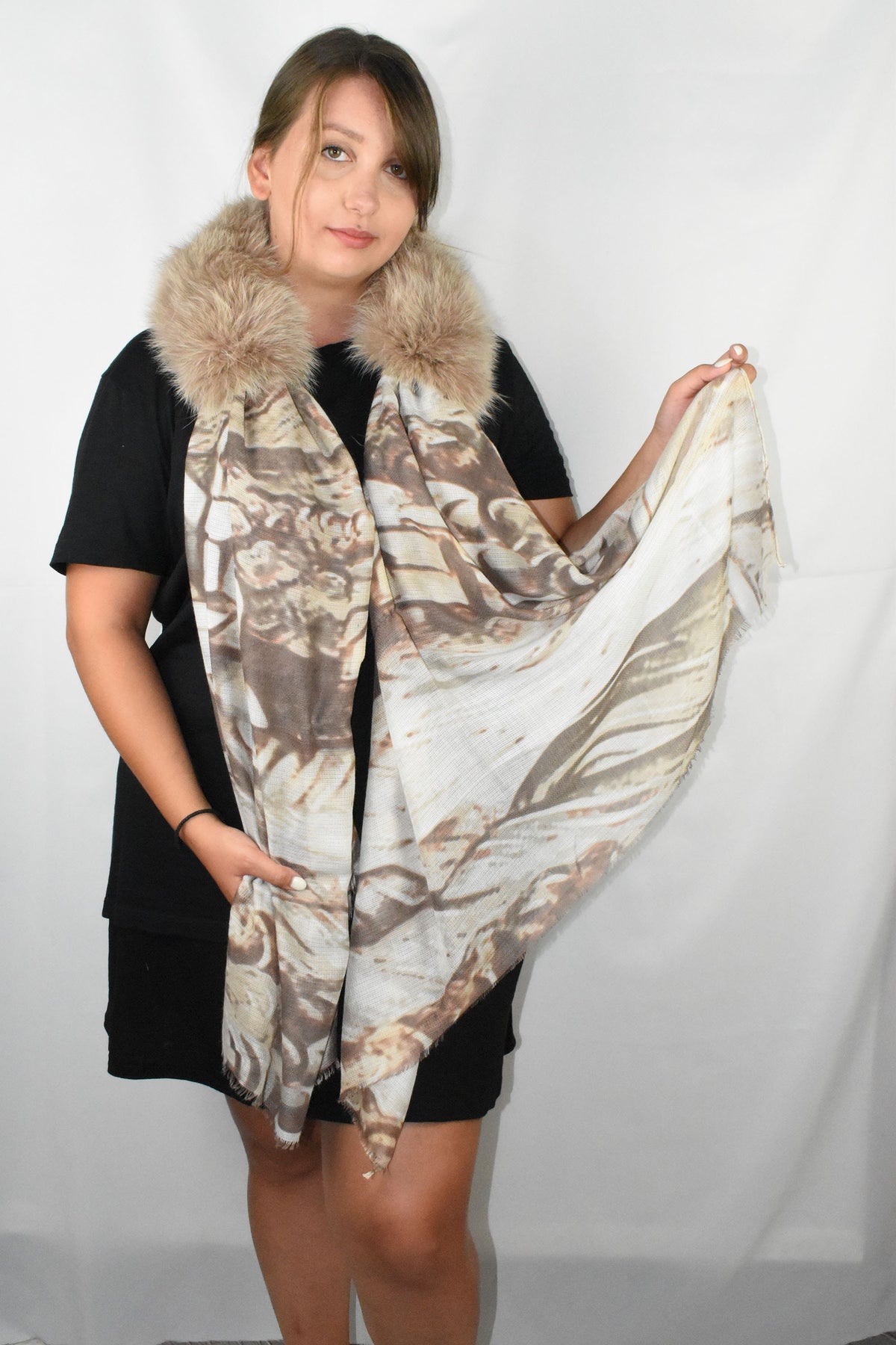 Fur Collar With Silk Tie- Scarf | Biege Fox Fur Collar Silk shawl -Scarf | Luxury Gift For Her