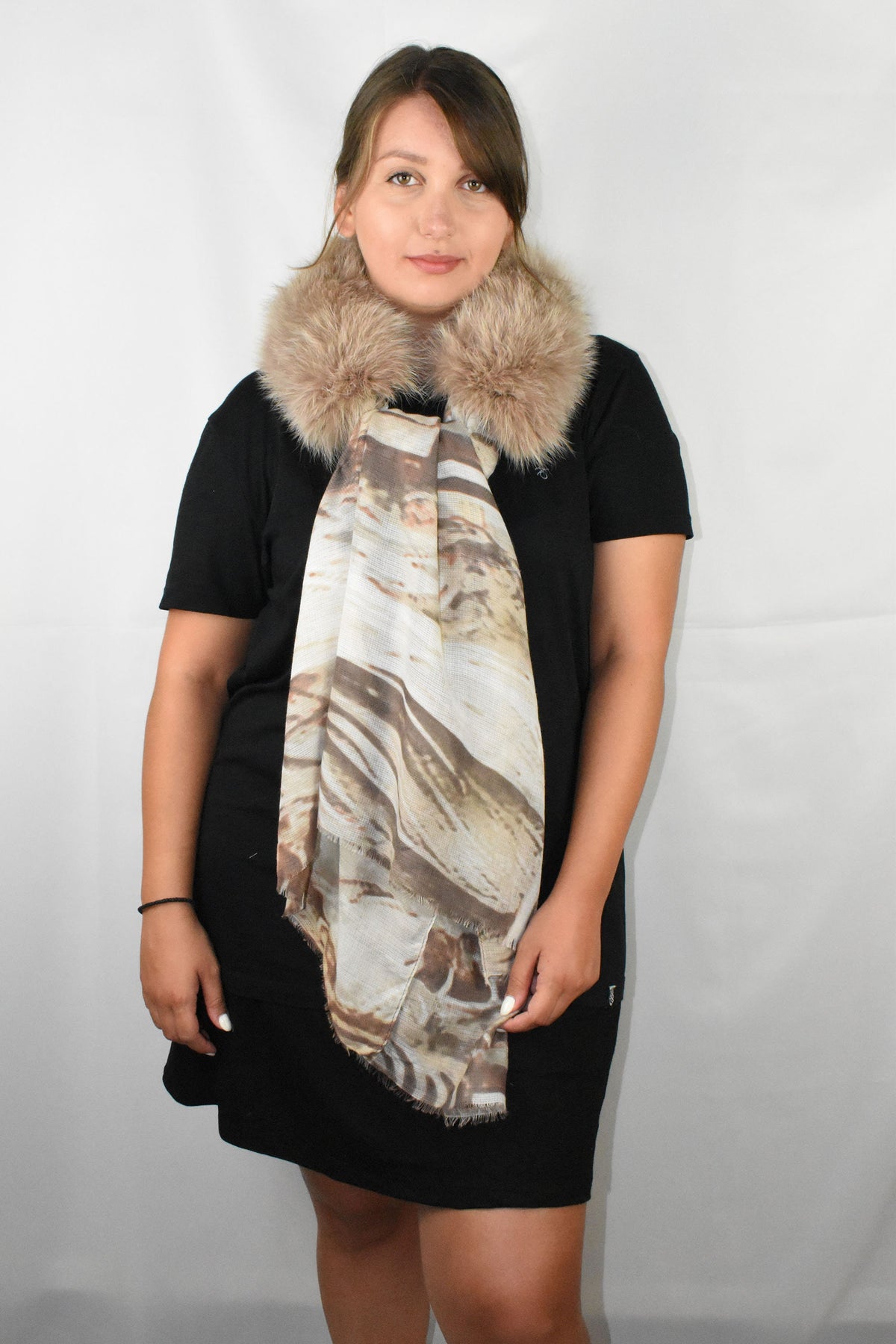 Fur Collar With Silk Tie- Scarf | Biege Fox Fur Collar Silk shawl -Scarf | Luxury Gift For Her