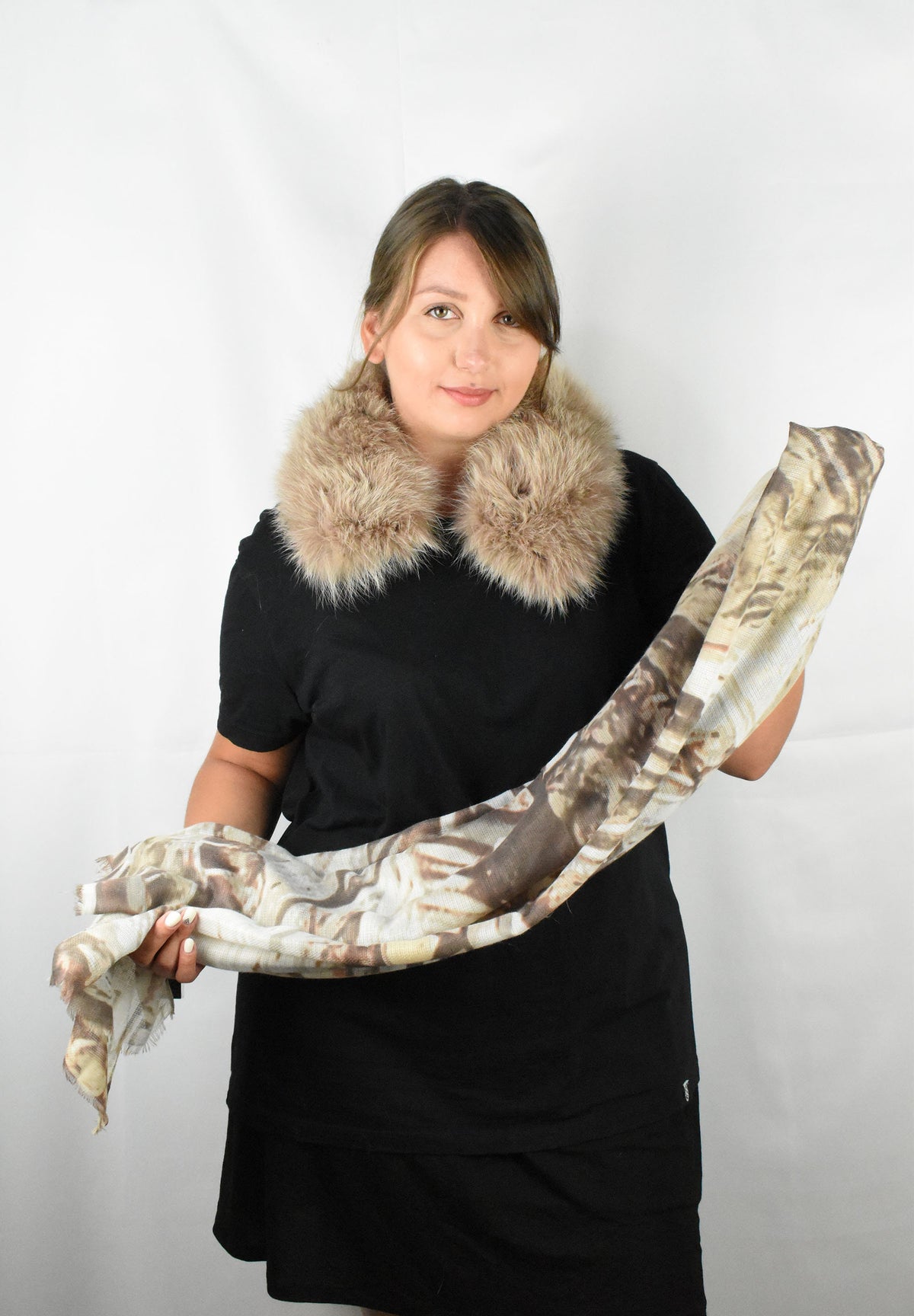 Fur Collar With Silk Tie- Scarf | Biege Fox Fur Collar Silk shawl -Scarf | Luxury Gift For Her