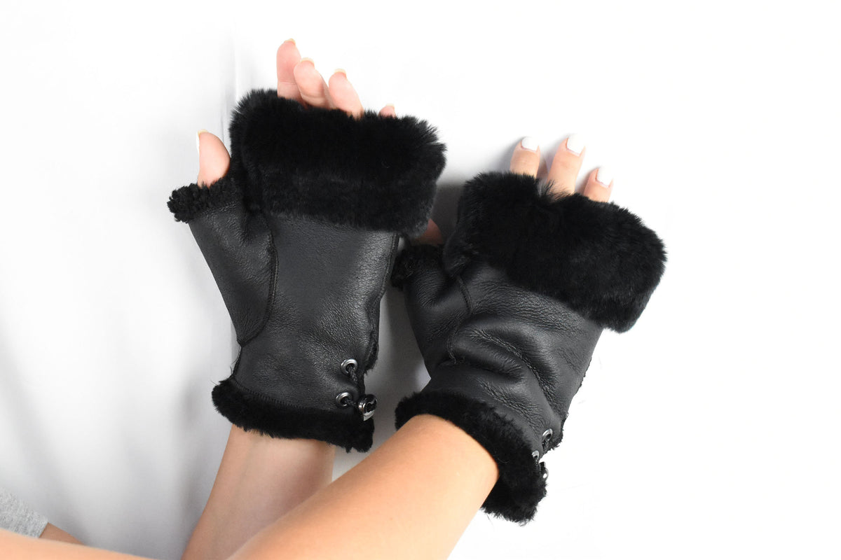 Leather Fingerless Gloves  | Sheepskin Fur Gloves For Women |Sheepskin Fingertip Gloves | Fur  Gloves | Black Sheepskin Gloves