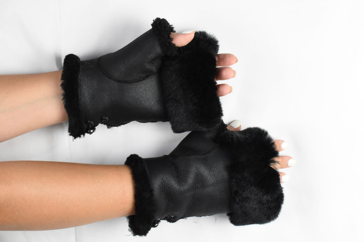 Leather Fingerless Gloves  | Sheepskin Fur Gloves For Women |Sheepskin Fingertip Gloves | Fur  Gloves | Black Sheepskin Gloves