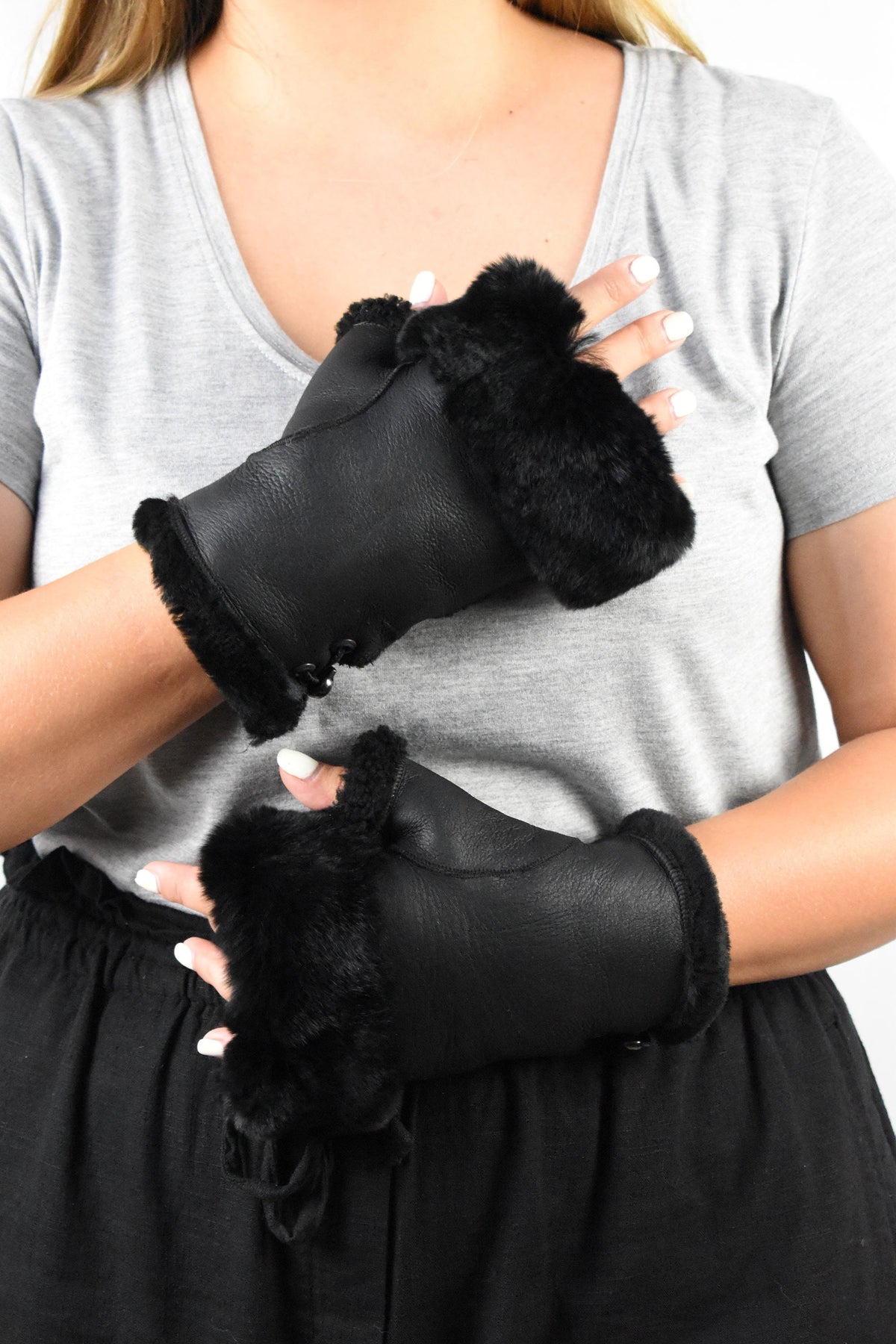 Leather Fingerless Gloves  | Sheepskin Fur Gloves For Women |Sheepskin Fingertip Gloves | Fur  Gloves | Black Sheepskin Gloves