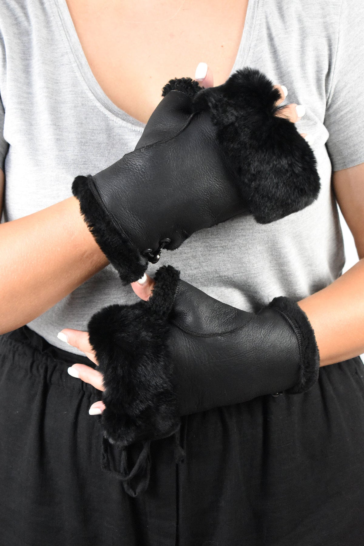 Leather Fingerless Gloves  | Sheepskin Fur Gloves For Women |Sheepskin Fingertip Gloves | Fur  Gloves | Black Sheepskin Gloves